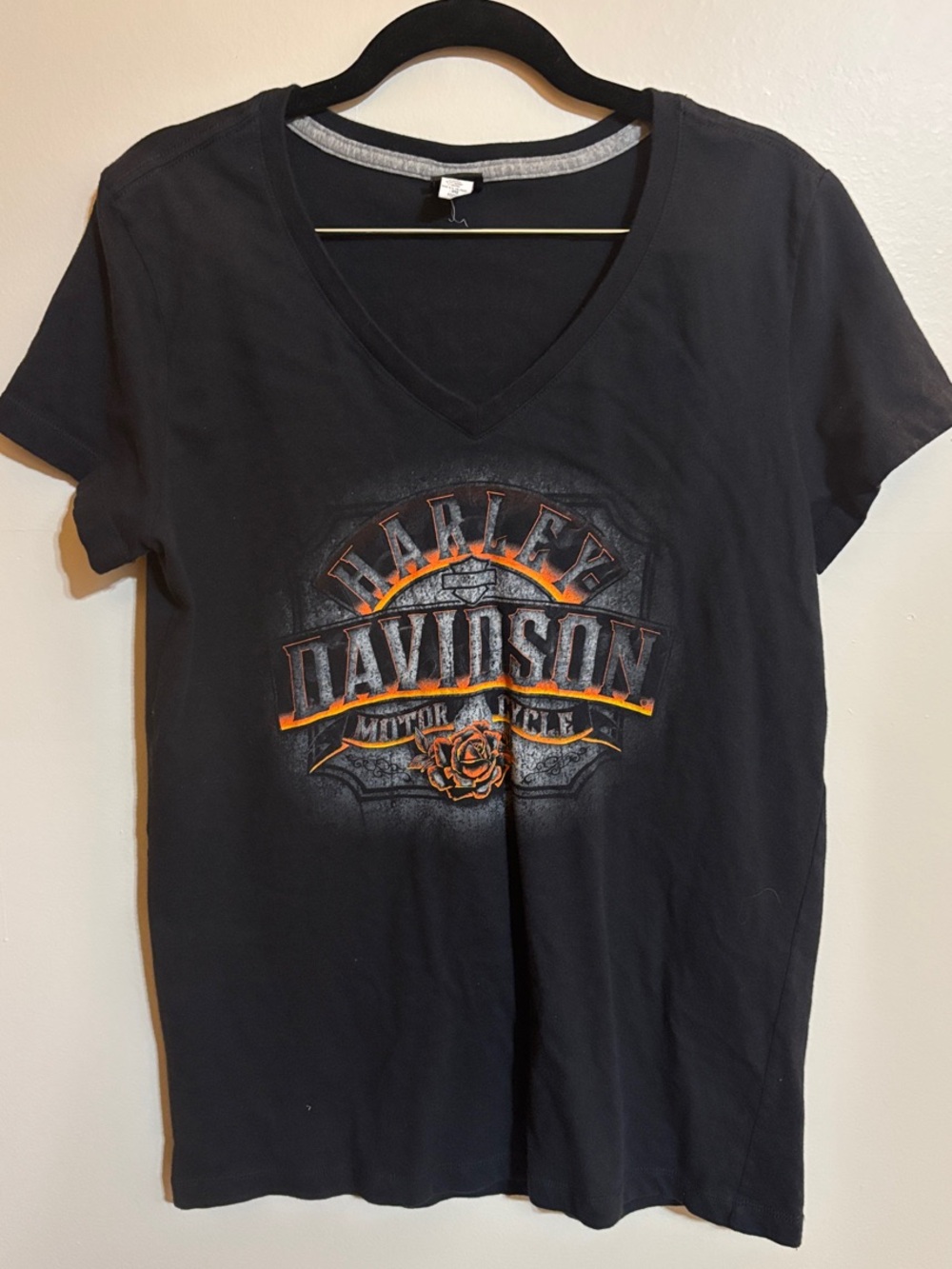 Harley-Davidson Women’s Black V-Neck Tee with Orange Logo Accent